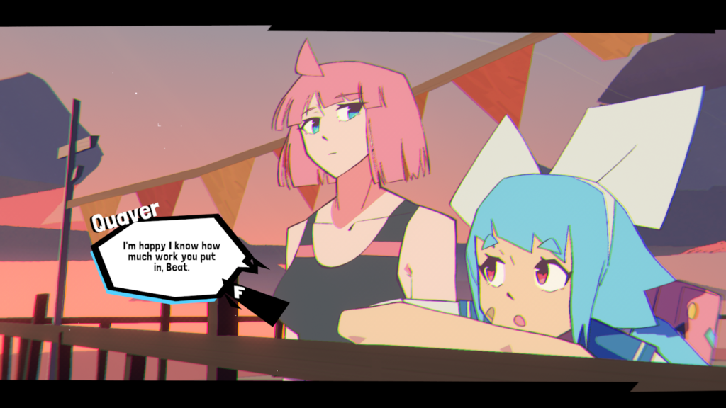 Beat & Quaver ontfermen zich om elkaar. Een screenshot uit UNBEATABLE.