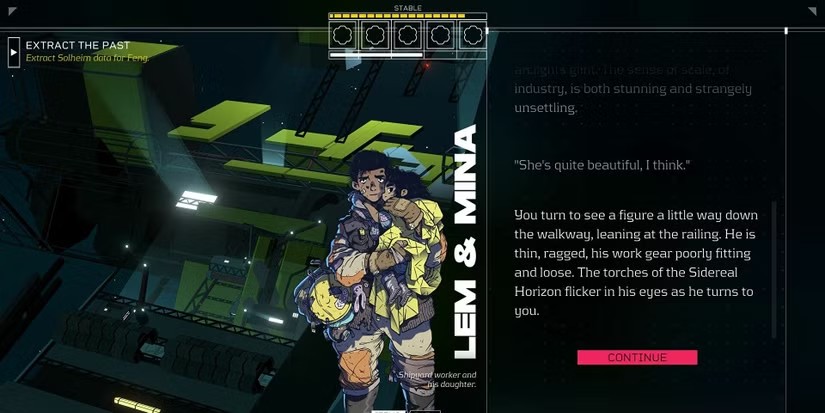 De Sleeper ontmoet Lem en zijn dochter Mina. Een screenshot uit Citizen Sleeper.