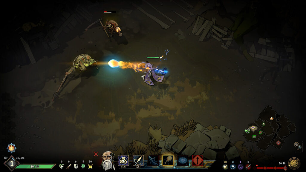 Merlin schiet een vuurbal op wat vijanden. Een screenshot uit Ravenswatch.