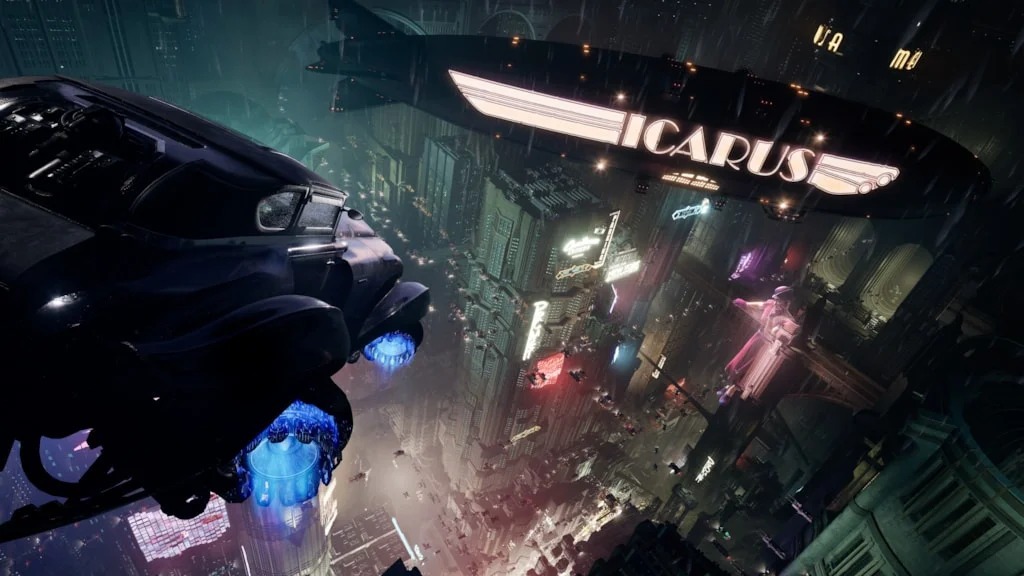 James kijkt vanuit zijn auto naar de stad en de Icarus. Een screenshot uit Nobody Wants to Die.