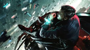 Hoofdpersonage James Karra kijkt uit over een futuristische stad. Header art voor Nobody Wants to Die.