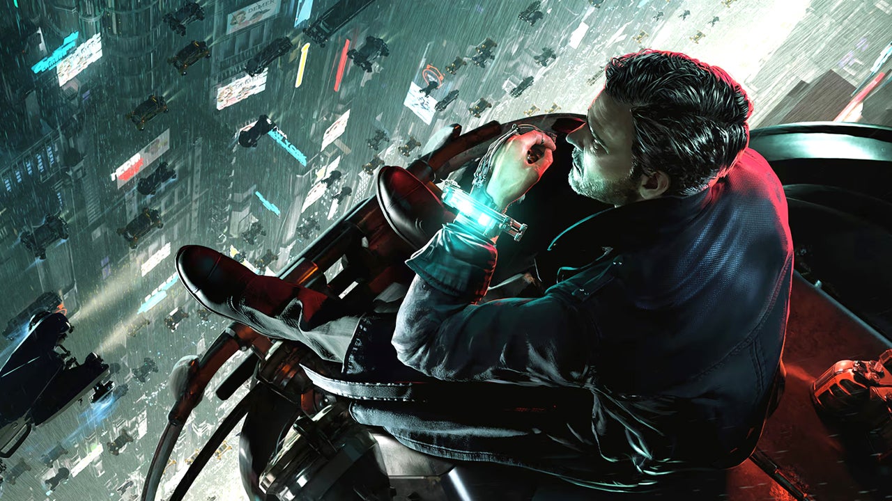 Hoofdpersonage James Karra kijkt uit over een futuristische stad. Header art voor Nobody Wants to Die.