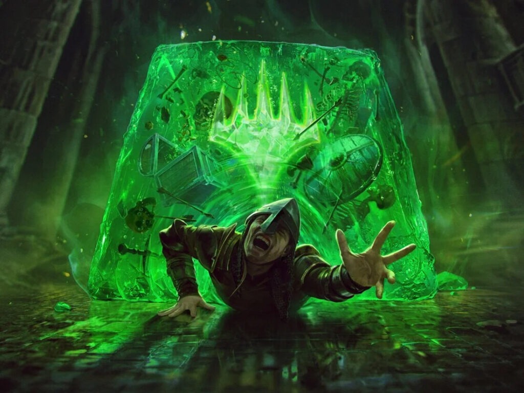 Een Gelatinous Cube heeft een soldaat te pakken