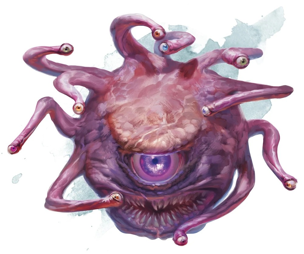 Een tekening van een Beholder, rechtstreeks uit het officiële monsterboek van Dungeons & Dragons. 