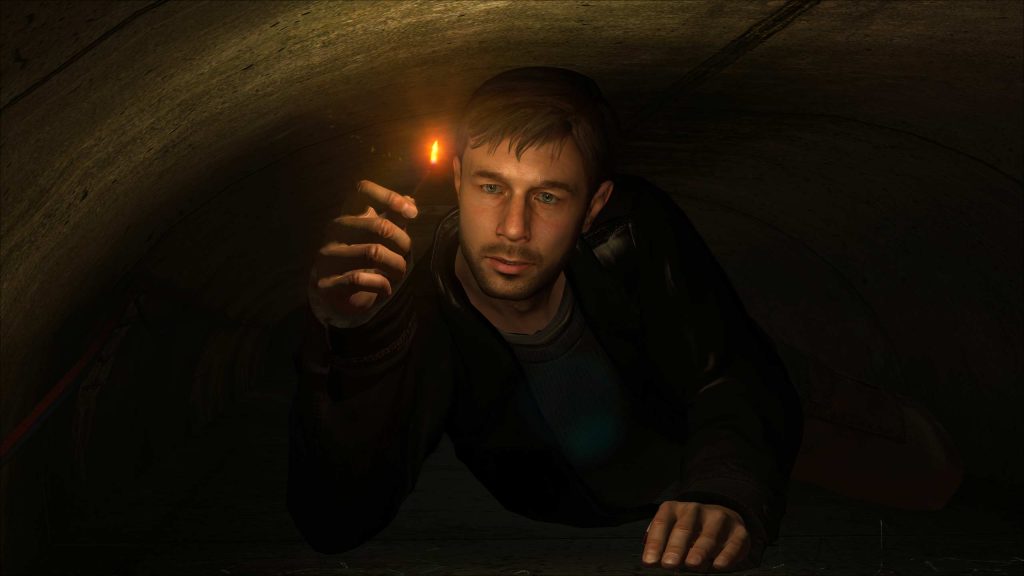 Ethan Mars kruipt door een tunnel om zijn zoon te redden. Een screenshot uit Heavy Rain.