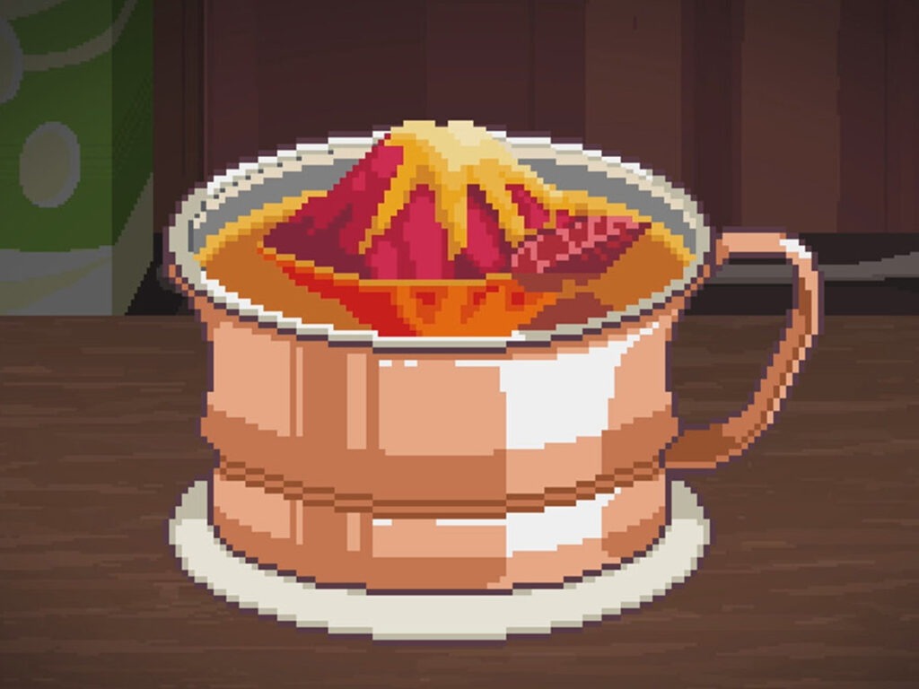 Een speciale drank die gemaakt is om te lijken op Mount Fuji. Een screenshot uit Coffee Talk Tokyo.