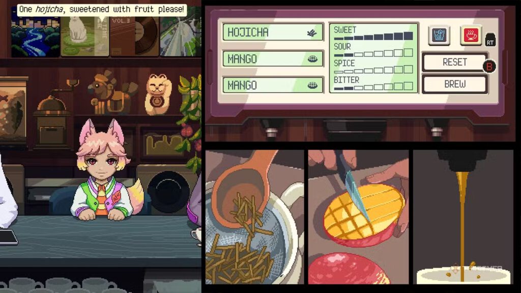 Tijd voor een experiment! Een screenshot uit Coffee Talk Tokyo.