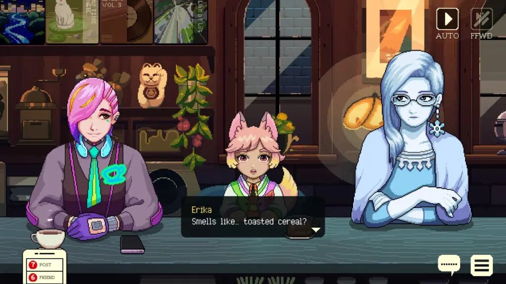 Vin, Erika en Yuki zitten naast elkaar. Een screenshot uit Coffee Talk Tokyo.