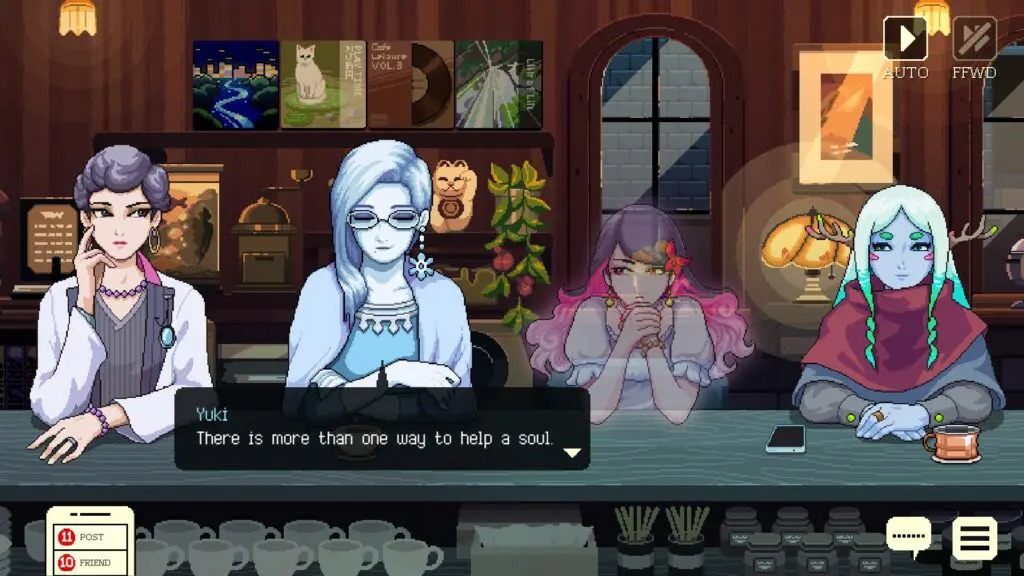 Wijze woorden van Yuki. Een screenshot uit Coffee Talk Tokyo.