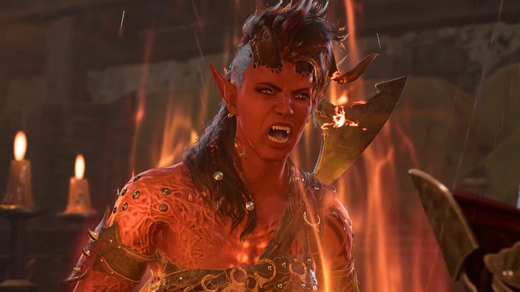 Karlach raakt oververhit door haar infernal engine. Een screenshot uit Baldur's Gate 3.