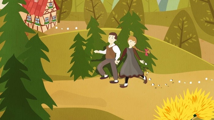 Hans en Grietje laten een kruimelspoor achter in het bos.