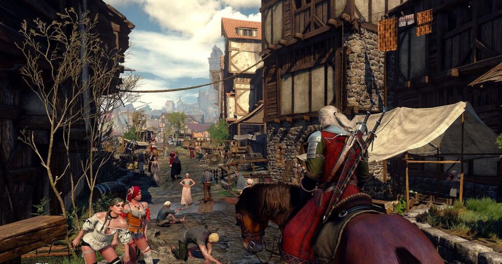 Geralt tijdt door de drukke straten van Novigrad. Een screenshot uit The Witcher 3.