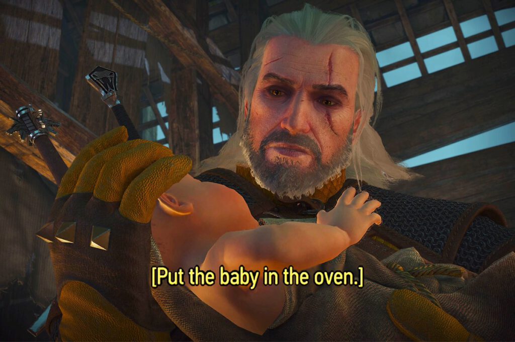 Probeer dit niet thuis. Een screenshot uit The Witcher 3.