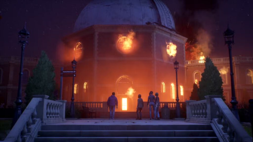 Caledon staat in brand! Een screenshot uit Life is Strange: Reunion.