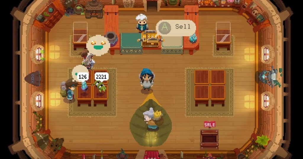 De winkel van Moonlighter, deels uitverkocht.