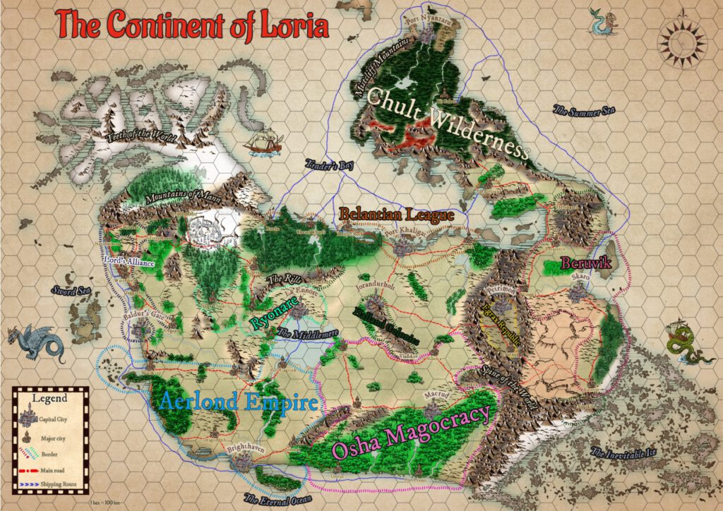De kaart van Loria, het continent waar het gros van mijn campagnes en one-shots zich afspelen.