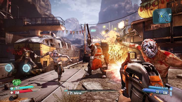 Een typische screenshot uit Borderlands 2. We zien explosies, geweren en zelfs een aantal Psycho's.
