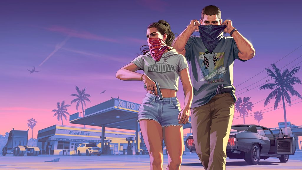 Key art voor GTA VI. Hoofdpersonages Lucia en Jason zijn klaar voor hun volgende roofoverval.