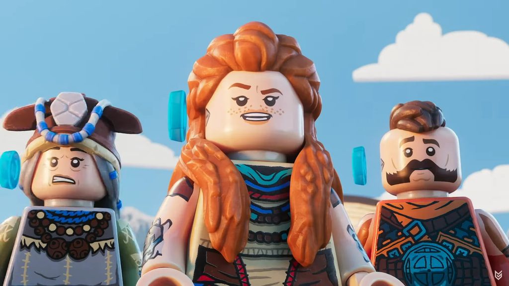 Teersa, Aloy en Erend staan naast elkaar. Een screenshot uit Lego: Horizon Adventures.