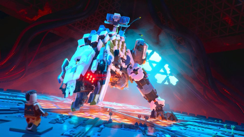 Erend neemt het op tegen een Thunderjaw. Een screenshot uit Lego: Horizon Adventures.