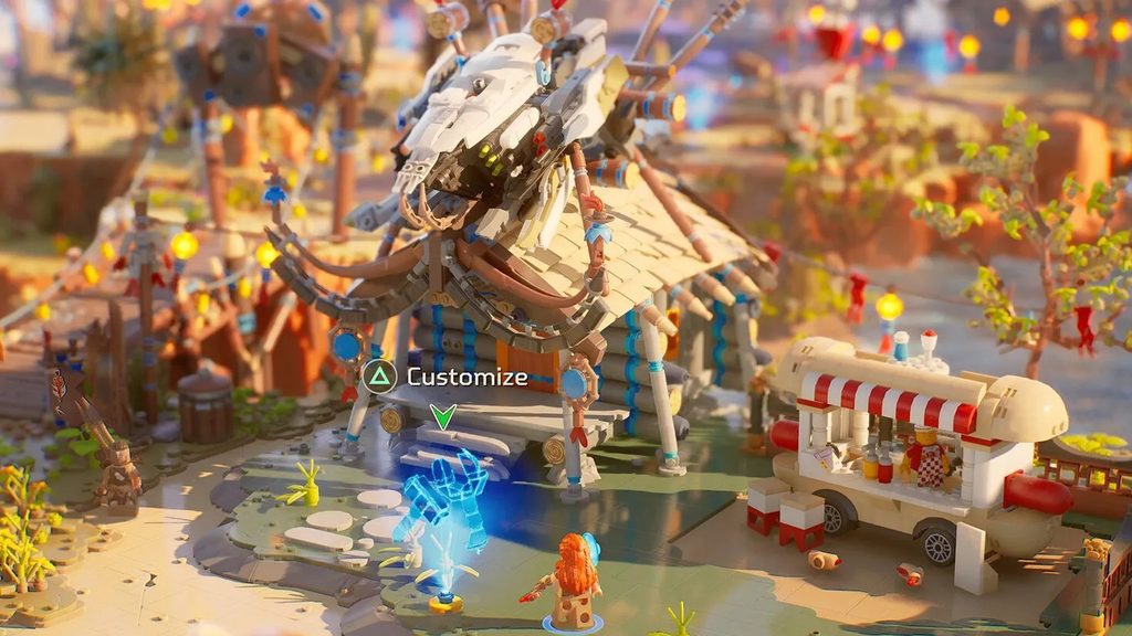 Aloy bouwt een huis met een hotdogstand. Een screenshot uit Lego: Horizon Adventures.