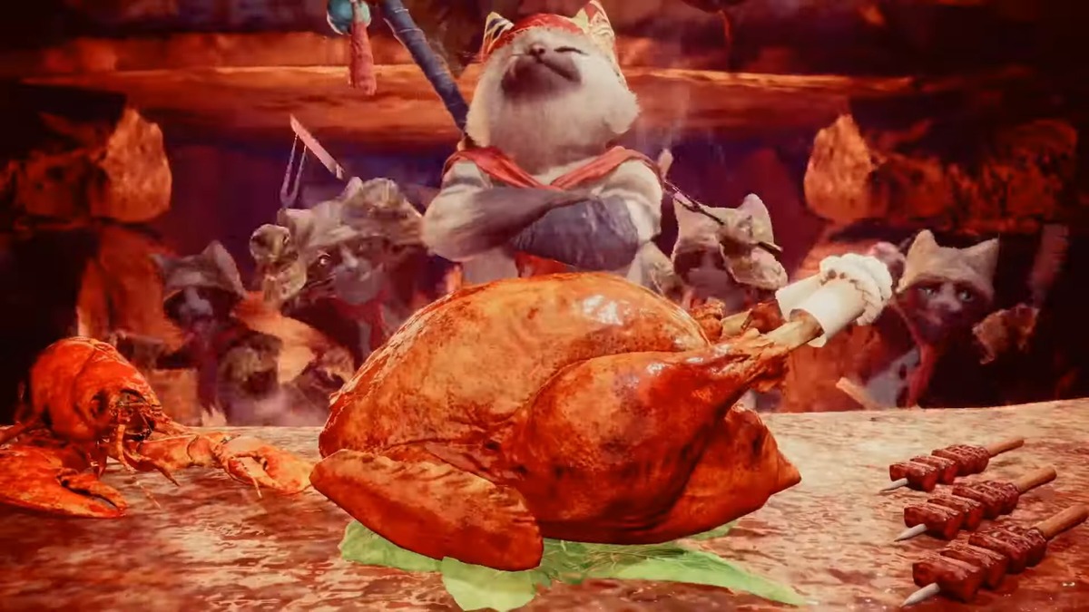 Meowscular Chef heeft een hele vogel bereid. Een screenshot uit Monster Hunter World.