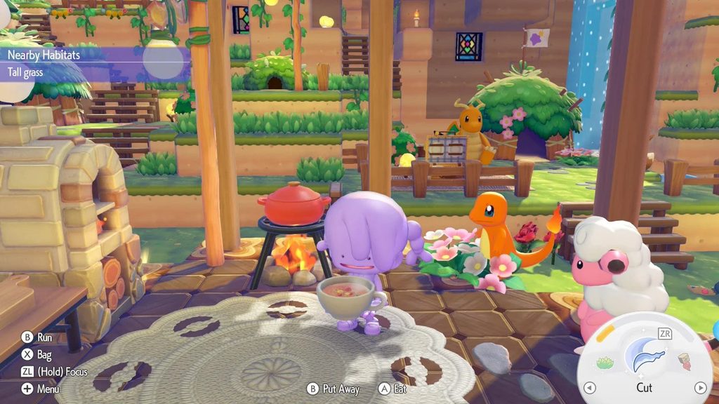 Ditto heeft een heerlijke zeewiersoep bereid. Een screenshot uit Pokémon: Pokopia.