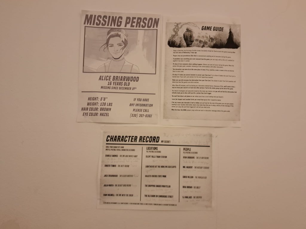 Onze vermistposter voor Alice is Missing, samen met de game guide en character record. Nu is het mooie muurversiering voor mijn appartement.